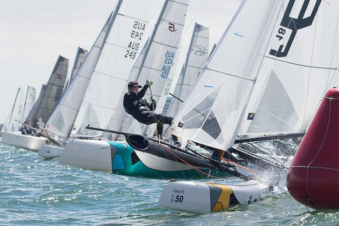 Down at the pin end for the start of the third race with WA’s Gavin Colby and Kieran Webb. - Pinkster Gin 2017 F18 Australian Championship ©  Alex McKinnon Photography http://www.alexmckinnonphotography.com